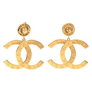 Gold Metal Button Oversized CC Logo Dangle Earrings